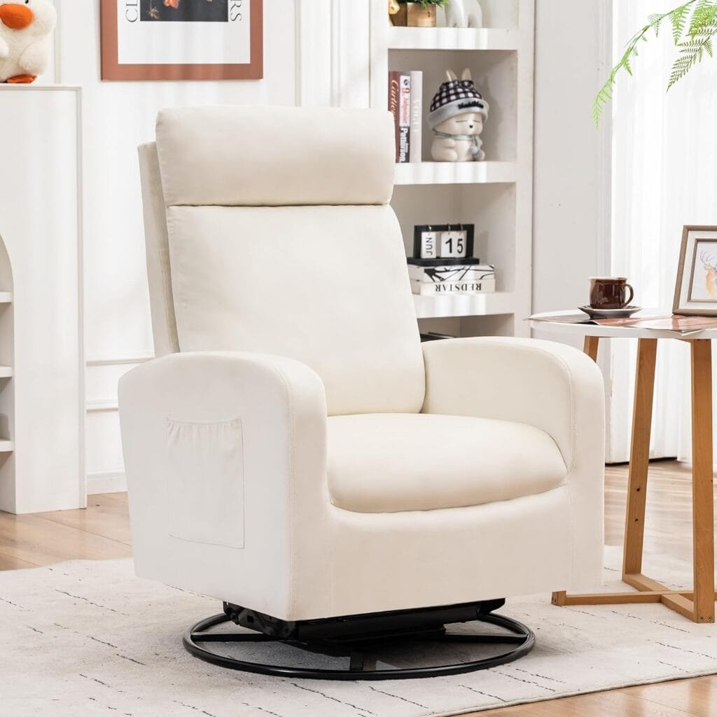 HOMYKA Swivel Rocking Chair for Nursery,Velvet Glider Rocker Chair for Mom and Baby with Side Pocket and High Back for Living Room Bedroom, Beige