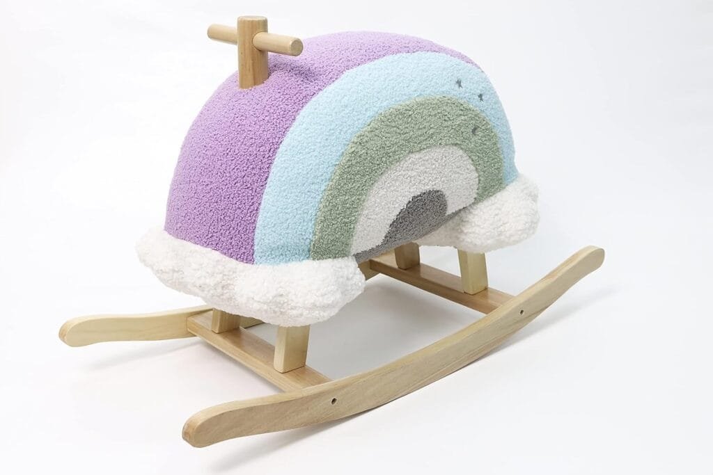 Hopscotch Squad Rainbow Rocker Fully Assembled Natural Wood Rocking Horse with Soft Fleece Multi-Color Puffy Plush Clouds