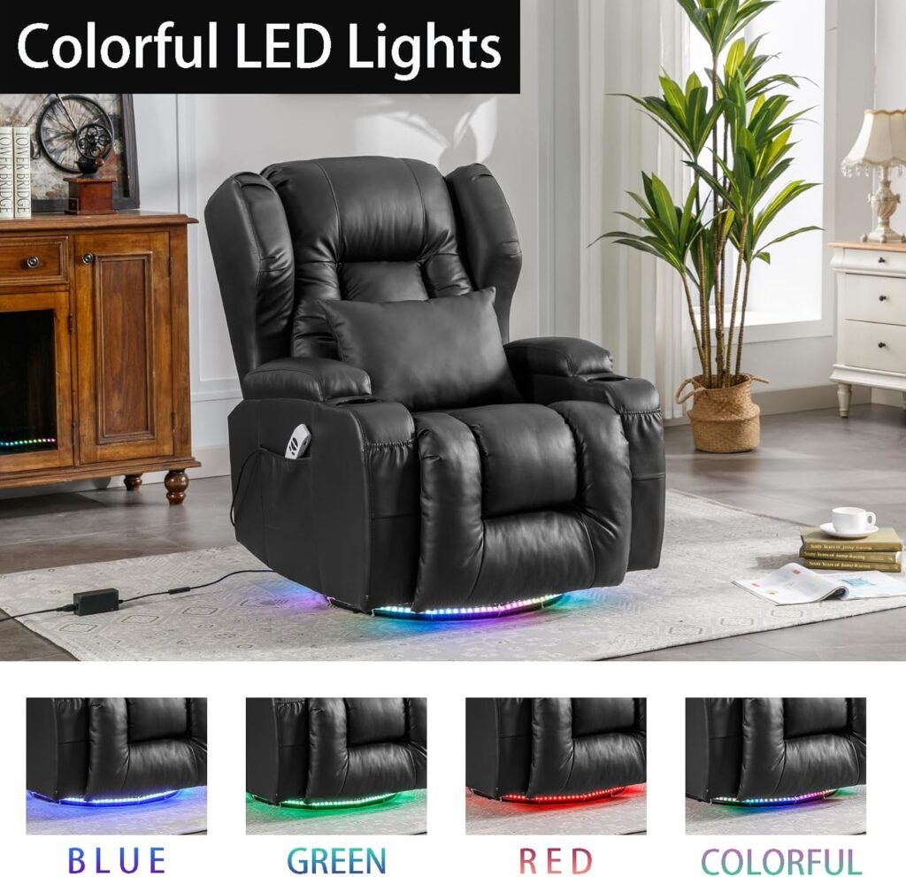 Houjud Power Recliner Chair, Home Theater Seating Soft Leather Electric Recliner Movie Chair for Living Room, Swivel Glider Recliner with Massage  Heat, LED Lighting, Side Pockets, Cup Holder (Black)