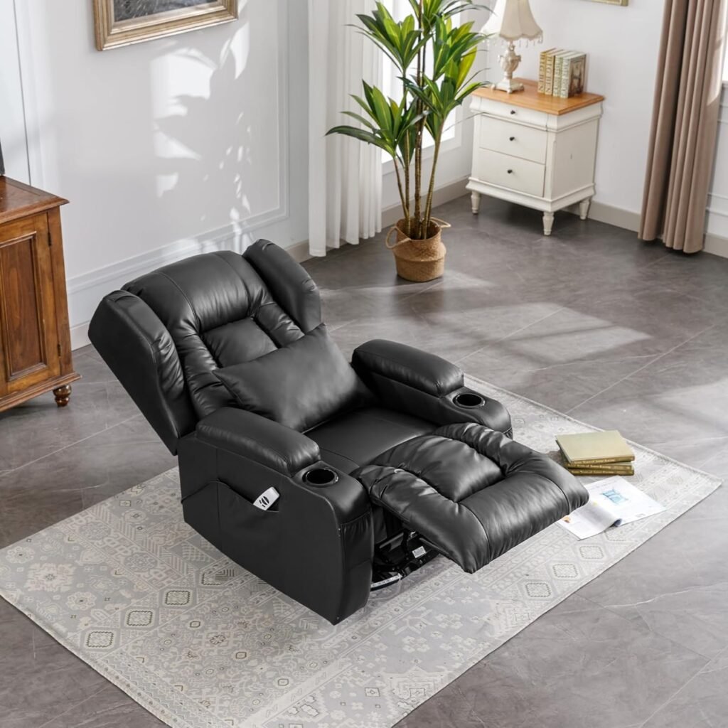 Houjud Power Recliner Chair, Home Theater Seating Soft Leather Electric Recliner Movie Chair for Living Room, Swivel Glider Recliner with Massage  Heat, LED Lighting, Side Pockets, Cup Holder (Black)