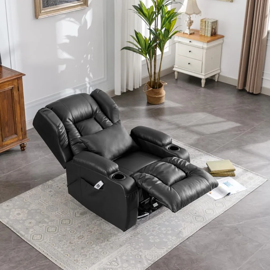 Houjud Power Recliner Chair, Home Theater Seating Soft Leather Electric Recliner Movie Chair for Living Room, Swivel Glider Recliner with Massage Heat, LED Lighting, Side Pockets, Cup Holder (Black) Houjud Power Recliner Chair, Home Theater Seating Soft Leather Electric Recliner Movie Chair for Living Room, Swivel Glider Recliner with Massage Heat, LED Lighting, Side Pockets, Cup Holder (Black)