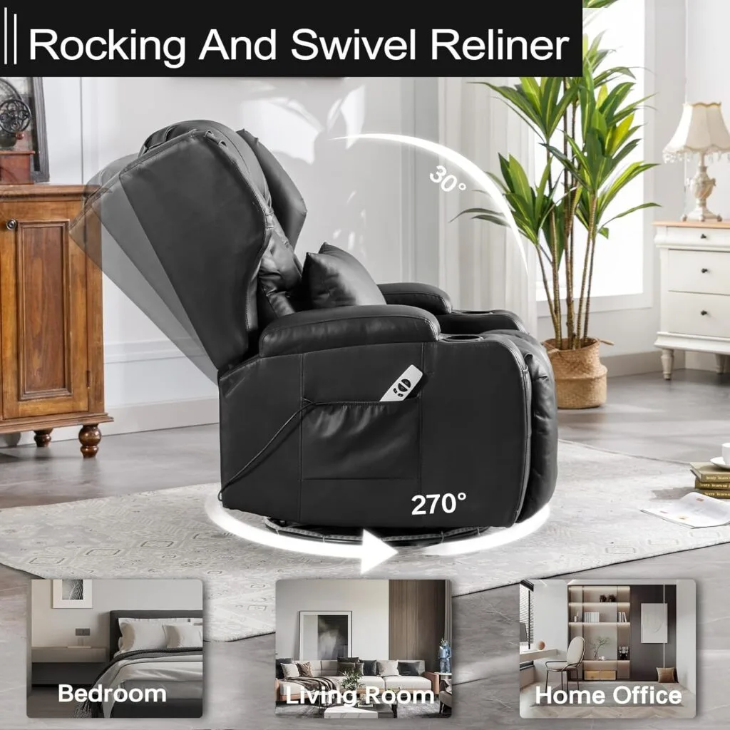 Houjud Power Recliner Chair, Home Theater Seating Soft Leather Electric Recliner Movie Chair for Living Room, Swivel Glider Recliner with Massage Heat, LED Lighting, Side Pockets, Cup Holder (Black) Houjud Power Recliner Chair, Home Theater Seating Soft Leather Electric Recliner Movie Chair for Living Room, Swivel Glider Recliner with Massage Heat, LED Lighting, Side Pockets, Cup Holder (Black)