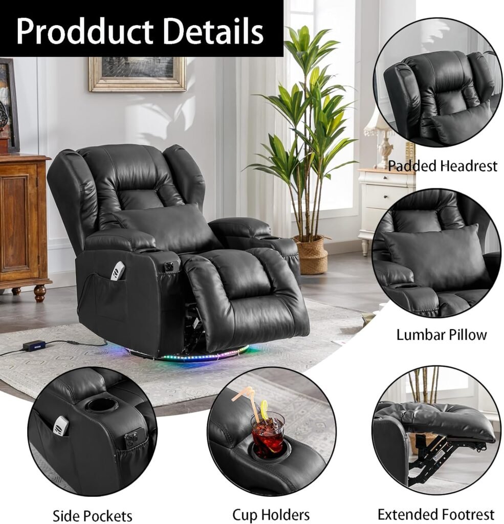 Houjud Power Recliner Chair, Home Theater Seating Soft Leather Electric Recliner Movie Chair for Living Room, Swivel Glider Recliner with Massage  Heat, LED Lighting, Side Pockets, Cup Holder (Black)