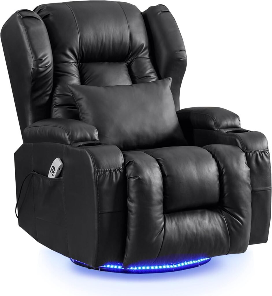 Houjud Power Recliner Chair, Home Theater Seating Soft Leather Electric Recliner Movie Chair for Living Room, Swivel Glider Recliner with Massage  Heat, LED Lighting, Side Pockets, Cup Holder (Black)