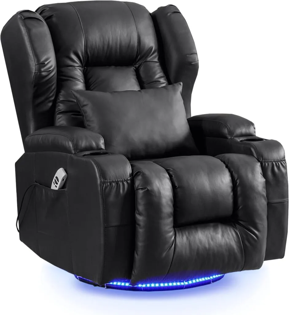 Houjud Power Recliner Chair, Home Theater Seating Soft Leather Electric Recliner Movie Chair for Living Room, Swivel Glider Recliner with Massage Heat, LED Lighting, Side Pockets, Cup Holder (Black) Houjud Power Recliner Chair, Home Theater Seating Soft Leather Electric Recliner Movie Chair for Living Room, Swivel Glider Recliner with Massage Heat, LED Lighting, Side Pockets, Cup Holder (Black)
