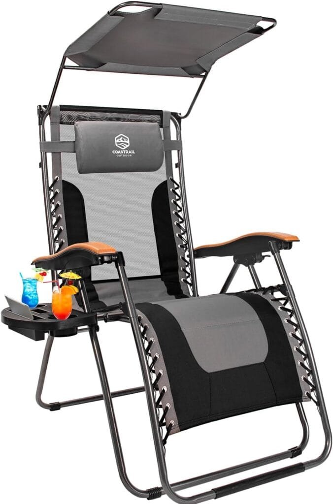 HUEZOE Zero Gravity Chair Premium Reclining Lounger with Sun Shade, Padded Seat, Mesh Back, Pillow, Cup Holder  Side Table for Sports Yard Patio Lawn Camping, Support 400lbs,Aqua/Black