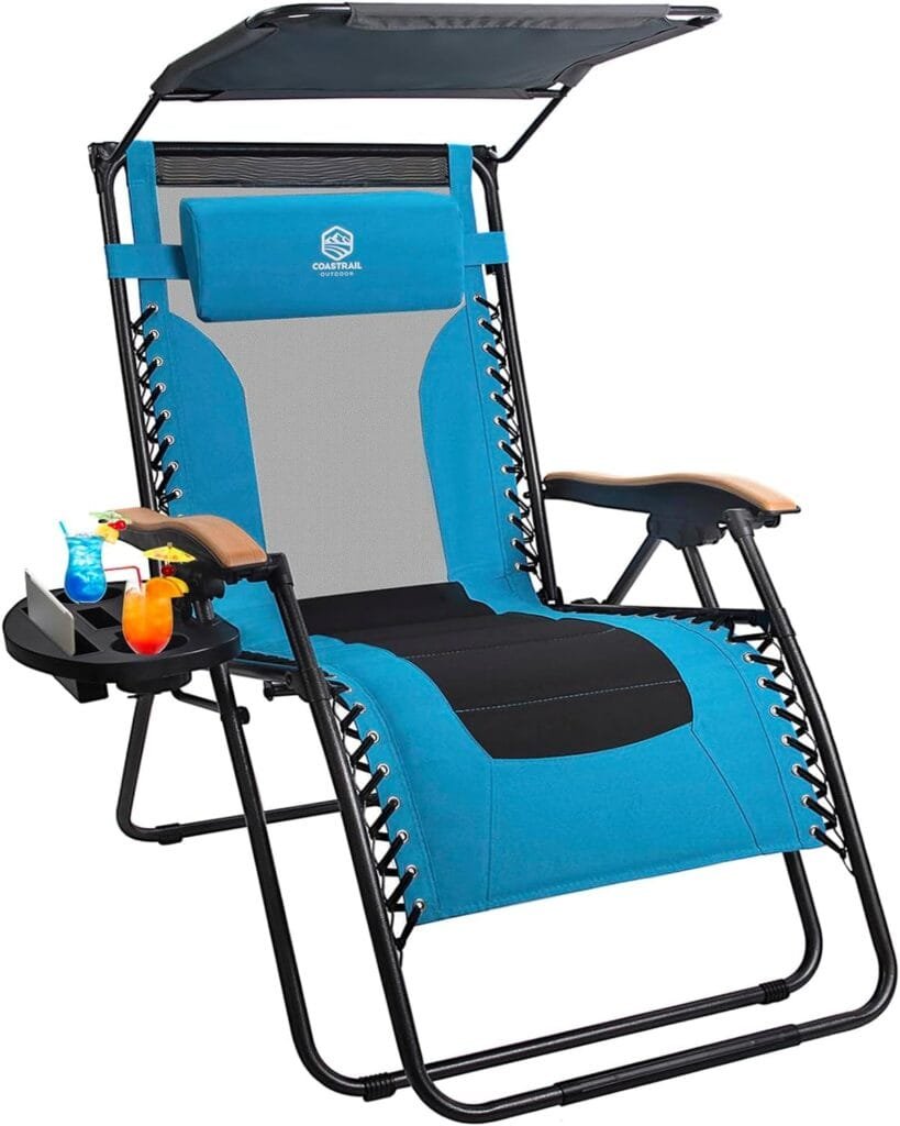 HUEZOE Zero Gravity Chair Premium Reclining Lounger with Sun Shade, Padded Seat, Mesh Back, Pillow, Cup Holder  Side Table for Sports Yard Patio Lawn Camping, Support 400lbs,Aqua/Black