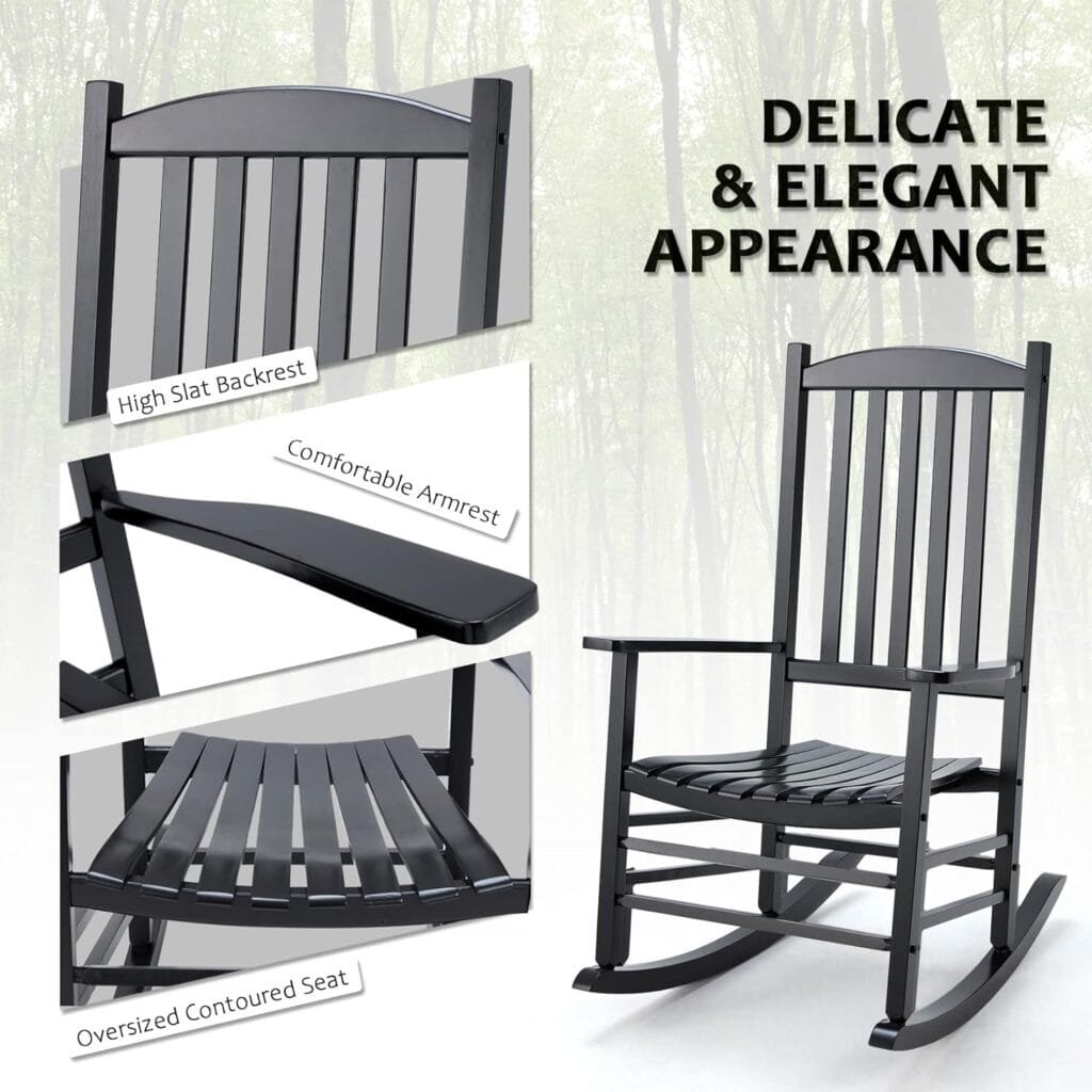 Hupmad Wooden Rocking Chair Rocker Outdoor Oversized Porch Rocker Chair,Patio Wooden Rocker with High Back and Armrest,All Weather Rocker Slatted for Backyard,Garden,400 lbs Support,White