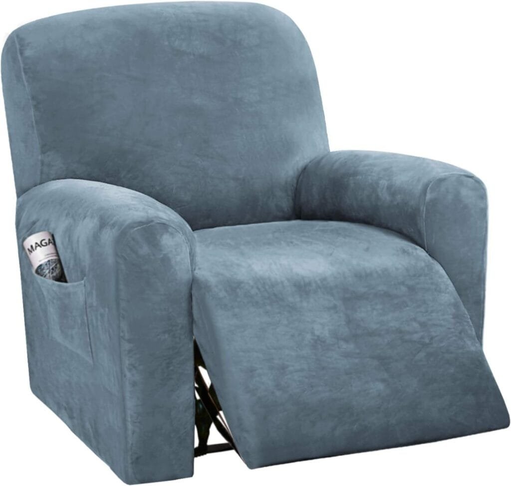 H.VERSAILTEX Velvet Stretch Recliner Couch Covers 4-Pieces Style Recliner Chair Covers Recliner Cover for Reclining Chair Slipcovers Feature Non Slip Form Fitted Thick Soft Washable, Stone Blue