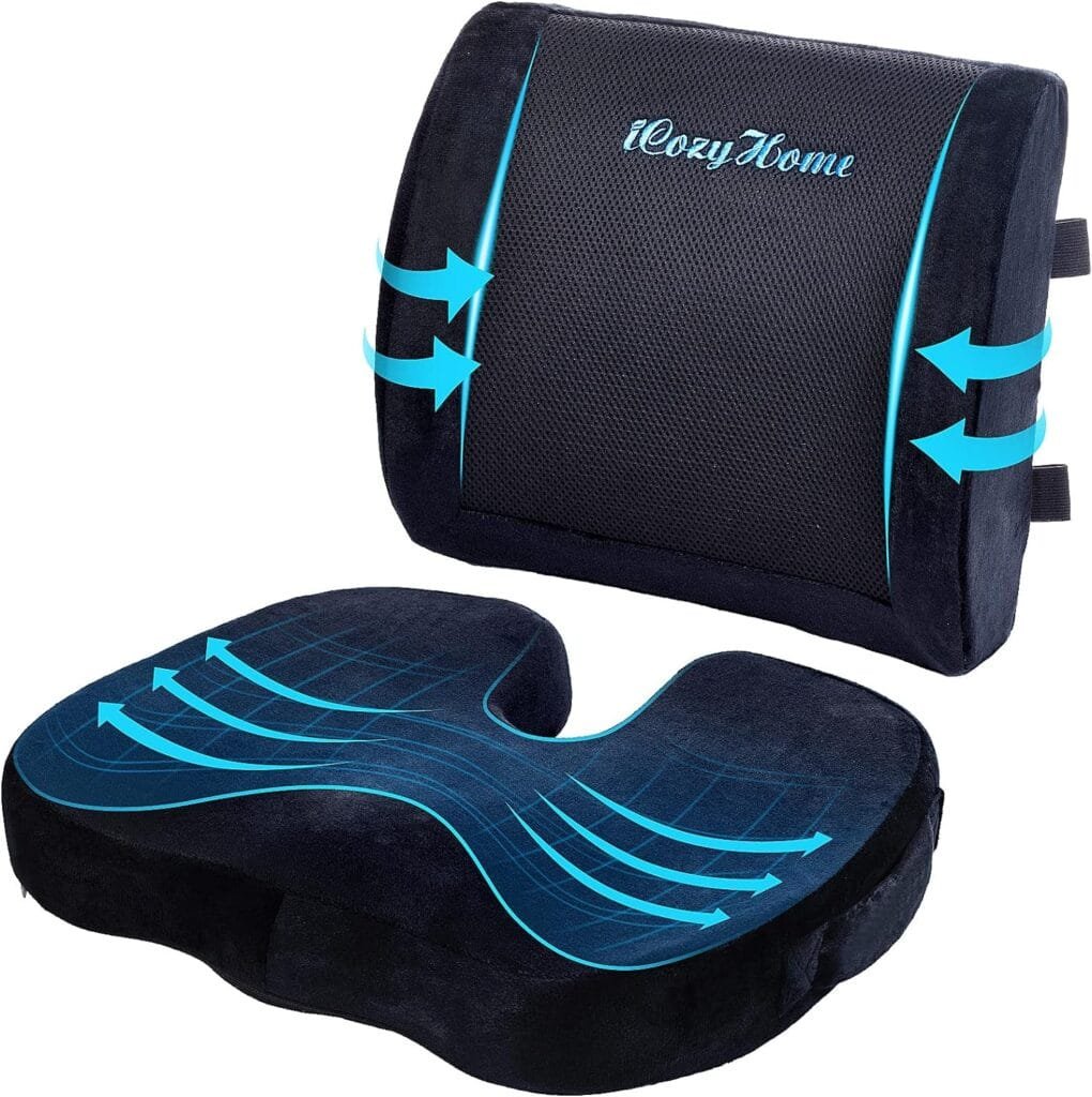 iCozyHome Coccyx Lumbar Support Pillow for Office Desk Chair Memory Foam Car Seat Cushion  Orthopedic Back Pillow for Sitting Help Tailbone Pain, Sciatica and Pressure Relief, Washable Cover