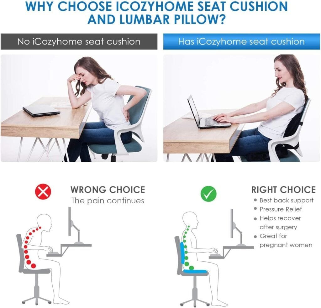 iCozyHome Coccyx Lumbar Support Pillow for Office Desk Chair Memory Foam Car Seat Cushion  Orthopedic Back Pillow for Sitting Help Tailbone Pain, Sciatica and Pressure Relief, Washable Cover