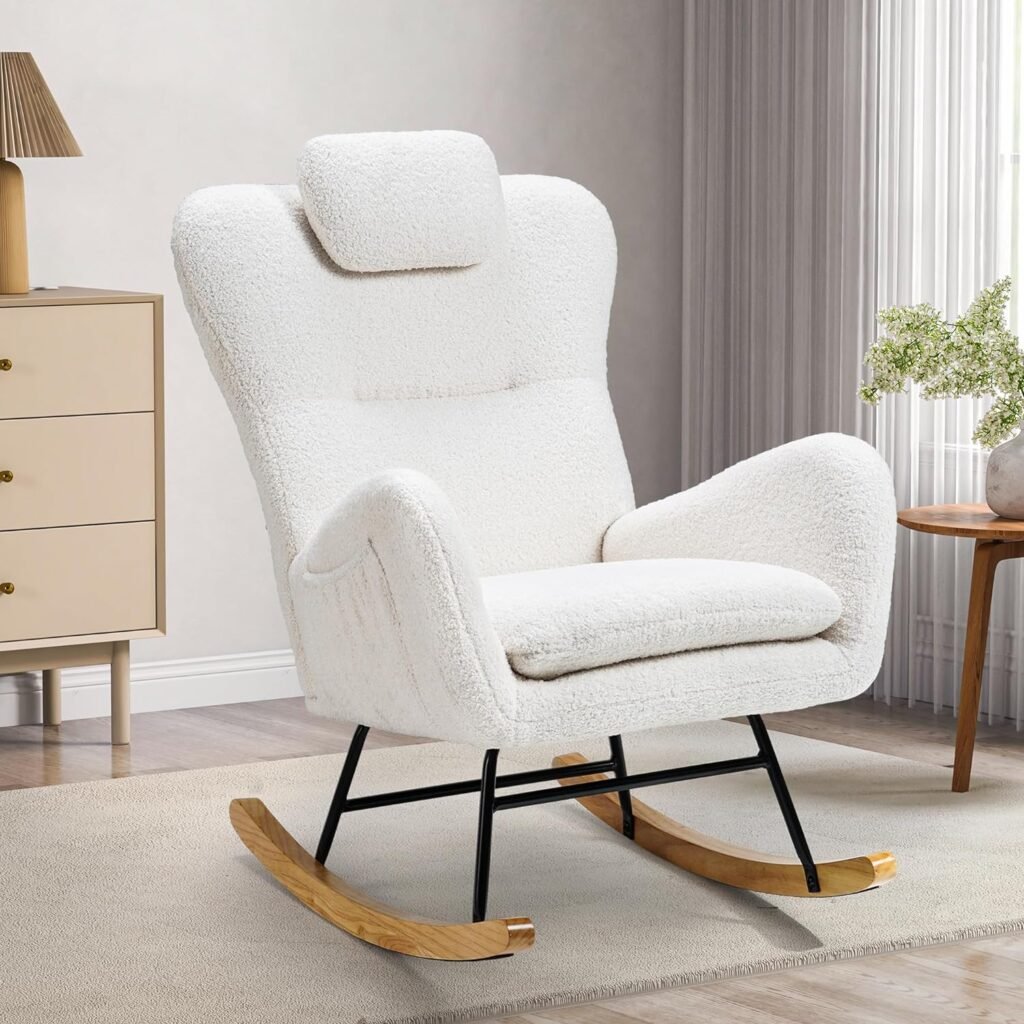 IdeaKey Nursery Rocking Chair, Modern Glider Rocker Chair for Baby Nursery, Upholstered Accent Chair with Side Pocket  Soft Pillow, Teddy Fabric Sherpa Armchair for Bedroom Living Room, Beige