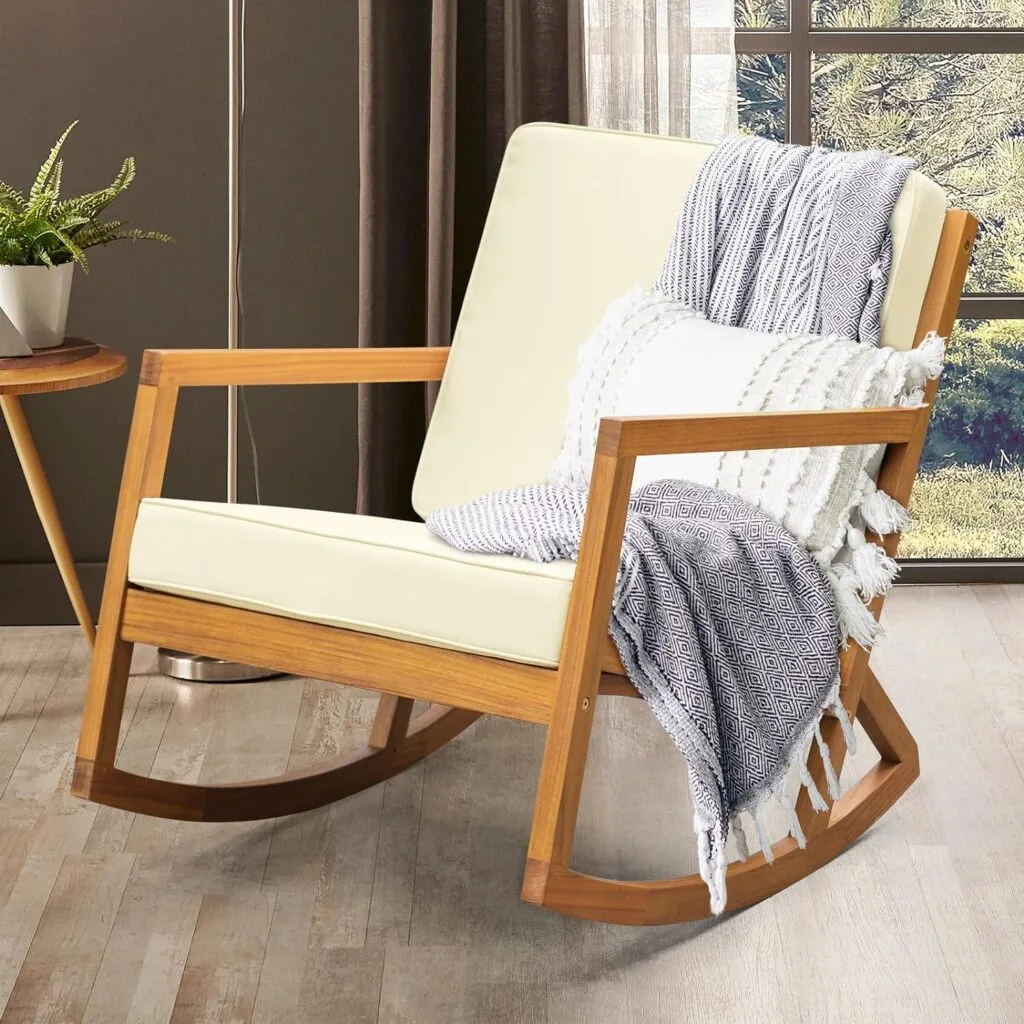 Idzo Premium Club Rocking Chairs 500lbs Capacity with Inclined Backrest, Thick Foam Cushion, Solid Acacia Wood Rocker for Patio, Backyard, Balcony, Porch, Beige