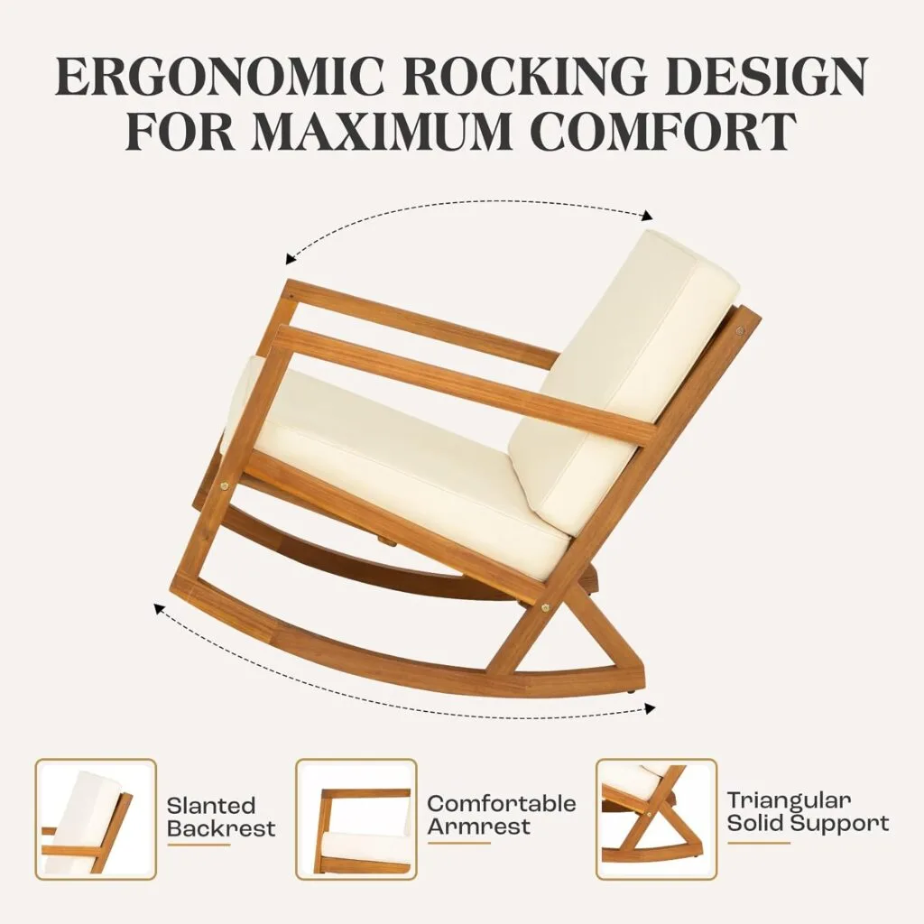 Idzo Premium Club Rocking Chairs 500lbs Capacity with Inclined Backrest, Thick Foam Cushion, Solid Acacia Wood Rocker for Patio, Backyard, Balcony, Porch, Beige