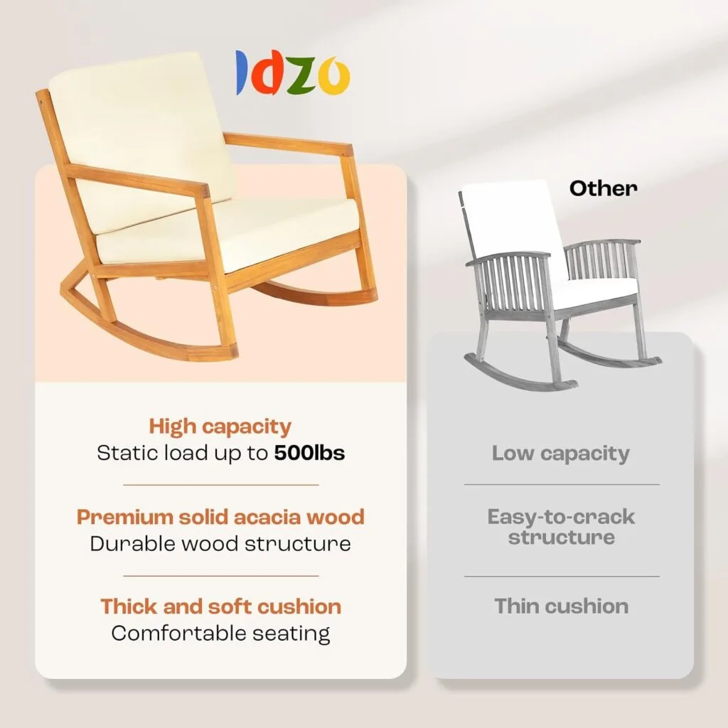 Idzo Premium Club Rocking Chairs 500lbs Capacity with Inclined Backrest, Thick Foam Cushion, Solid Acacia Wood Rocker for Patio, Backyard, Balcony, Porch, Beige