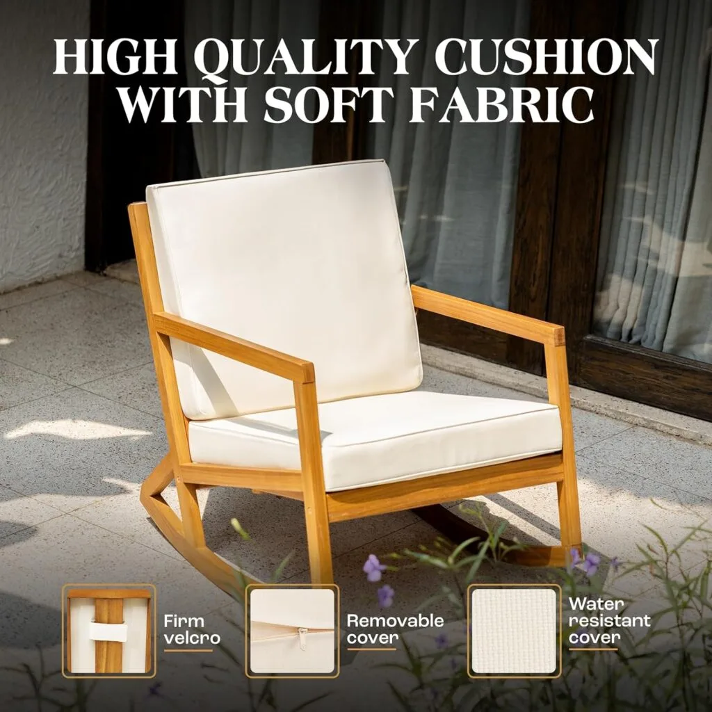 Idzo Premium Club Rocking Chairs 500lbs Capacity with Inclined Backrest, Thick Foam Cushion, Solid Acacia Wood Rocker for Patio, Backyard, Balcony, Porch, Beige