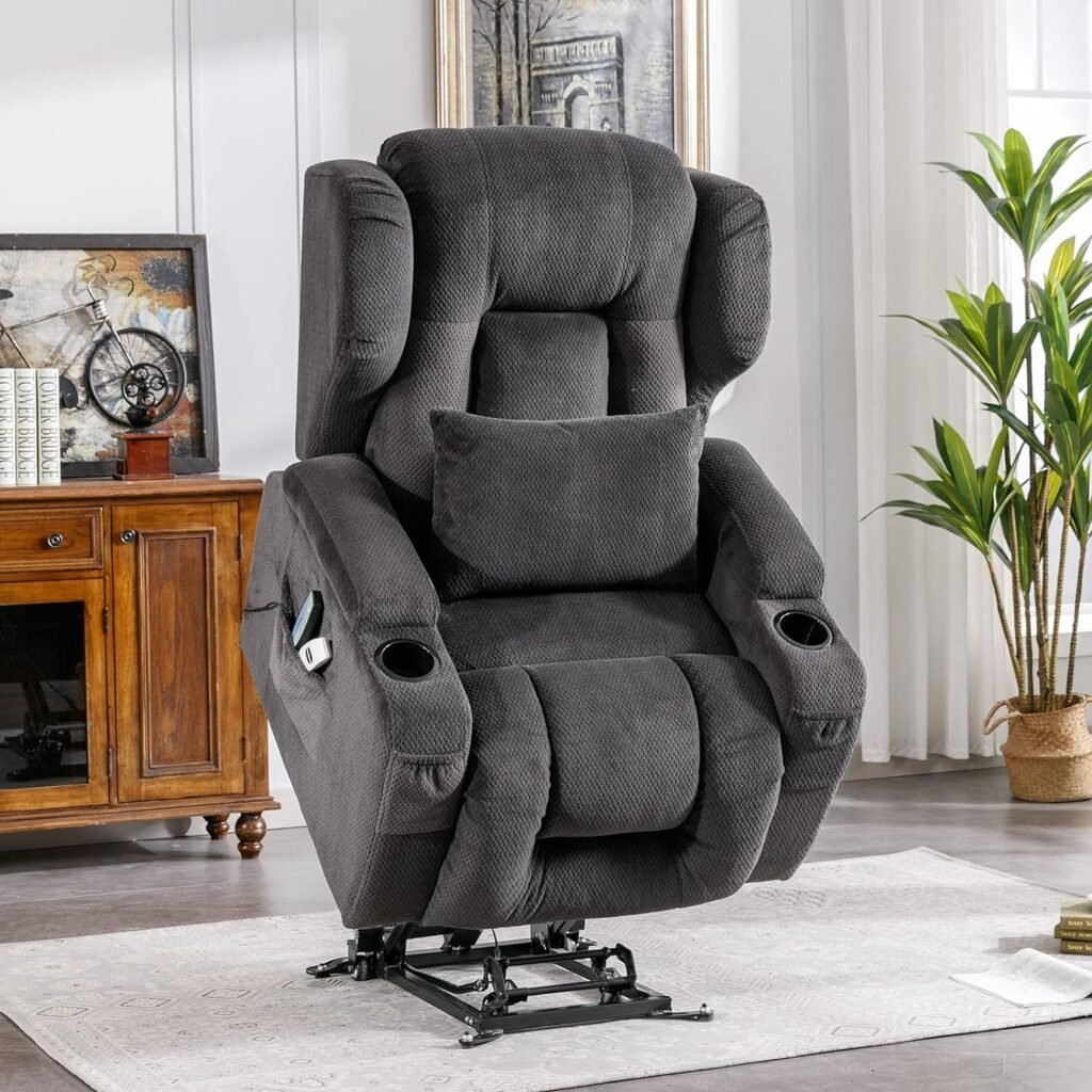 IPKIG Power Lift Recliner Chair with Heat and Massage, Comfy Beibei Velvet Lift Chairs Recliners for Elderly with Sliding Wheels/Cup Holders/Side Pocket/Lumbar Pillow, Moveable Reclining Chair (Grey)