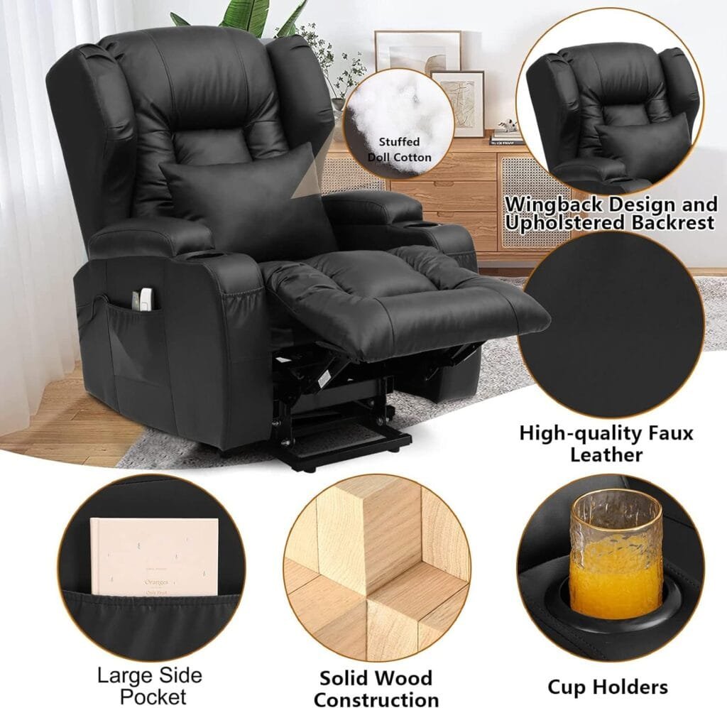 IPKIG Power Recliner Chair with Massage and Heat, Electric Recliner Chair for Adult  Elderly with USB Charge Port, Side Pockets, 8 Points Vibration Massage, Faux Leather (Black)