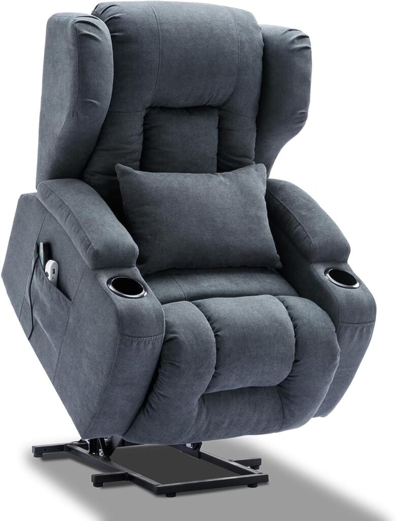 IPKIG Power Recliner Chair with Massage and Heat, Electric Wingback Recliner for Elderly with Lumbar Pillow, USB Charge Ports and Side Pockets, Linen Fabric (Lift Chair) (Blue Grey)