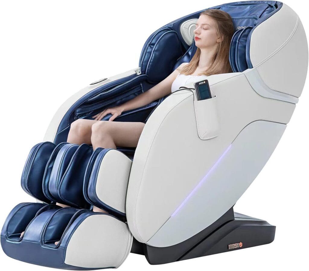 iRest SL Track Massage Chair Recliner, Full Body Massage Chair with Zero Gravity, Airbags, Heating, and Foot Massage (Blue  White)