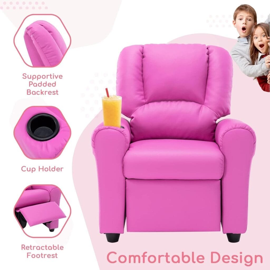 JC Home Faux Leather Youth Kids Recliner with Footrest and Cup Holder, Hot Pink