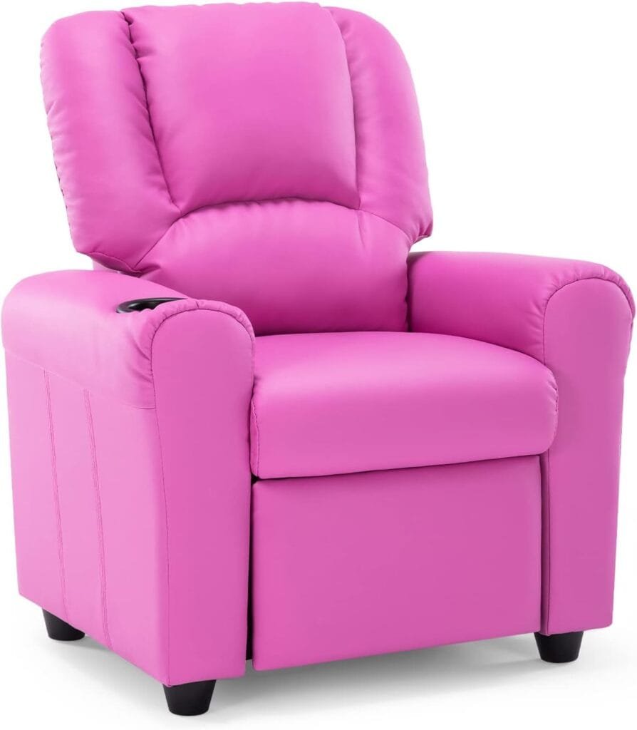 JC Home Faux Leather Youth Kids Recliner with Footrest and Cup Holder, Hot Pink