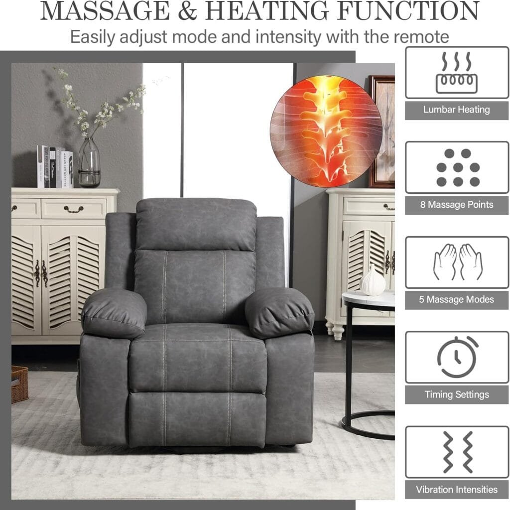 JEEOHEY Recliner Chair, Electric Power Lift Chair,Upholstered Faux Leather Massage Chair Recliner Sofa with Heated,Adjustable Modern Reclining Chair for Elderly Adults(Grey)