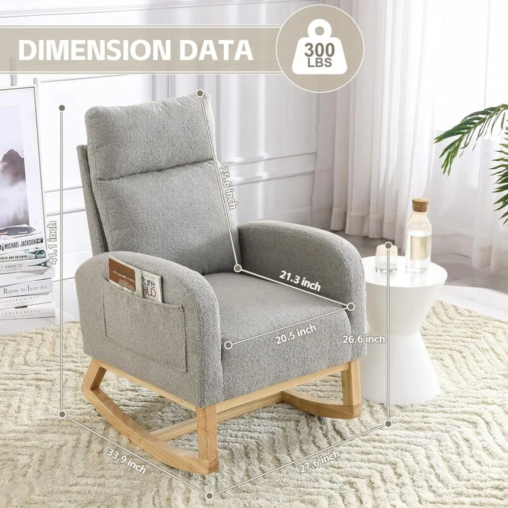JEEOHEY Rocking Chair Nursery, Modern Glider Chair for Nursery with Solid Wood Legs,Upholstered Rocker Arm Chair with Two Side Pockets for Living Room Bedroom(Teddy-White)