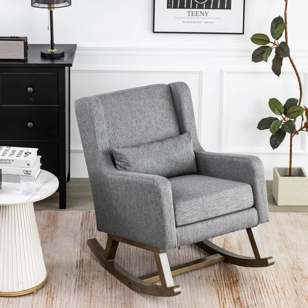 JEEOHEY Rocking Chair Nursery, Modern Glider Chair for Nursery with Solid Wood Legs,Upholstered Rocker Arm Chair with Two Side Pockets for Living Room Bedroom(Teddy-White)