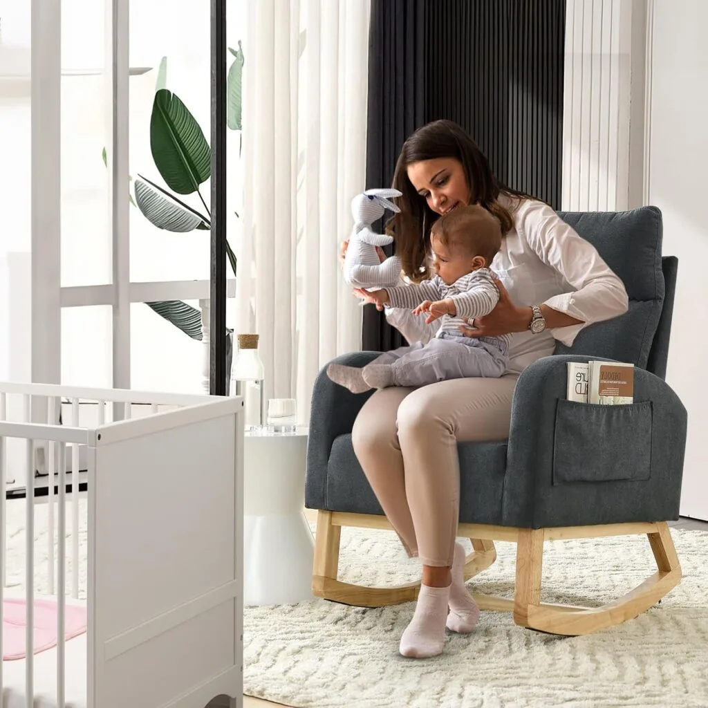 JEEOHEY Rocking Chair Nursery, Modern Glider Chair for Nursery with Solid Wood Legs,Upholstered Rocker Arm Chair with Two Side Pockets for Living Room Bedroom(Teddy-White)