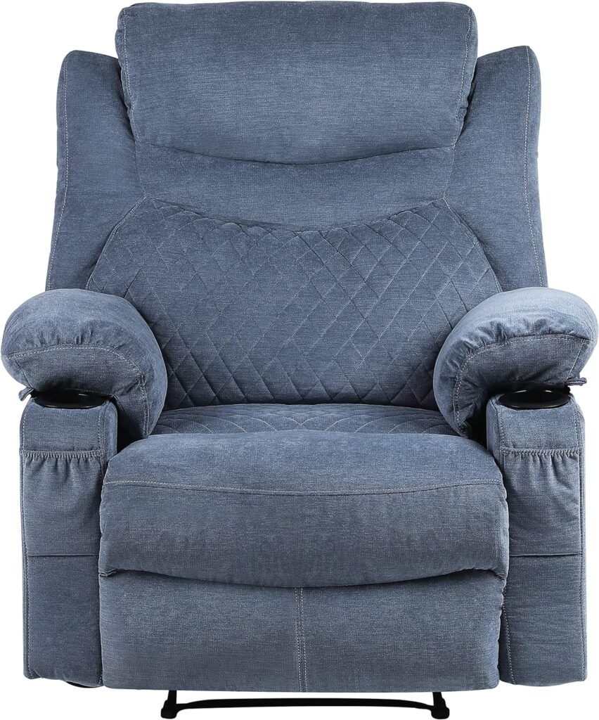 Kasorix Overstuffed Massage Recliner Chairs with Heat, Fabric Manual Reclining Chair with Cup Holders, Home Theater Seating Single Recliner Sofa (Blue), Medium(300lbs)