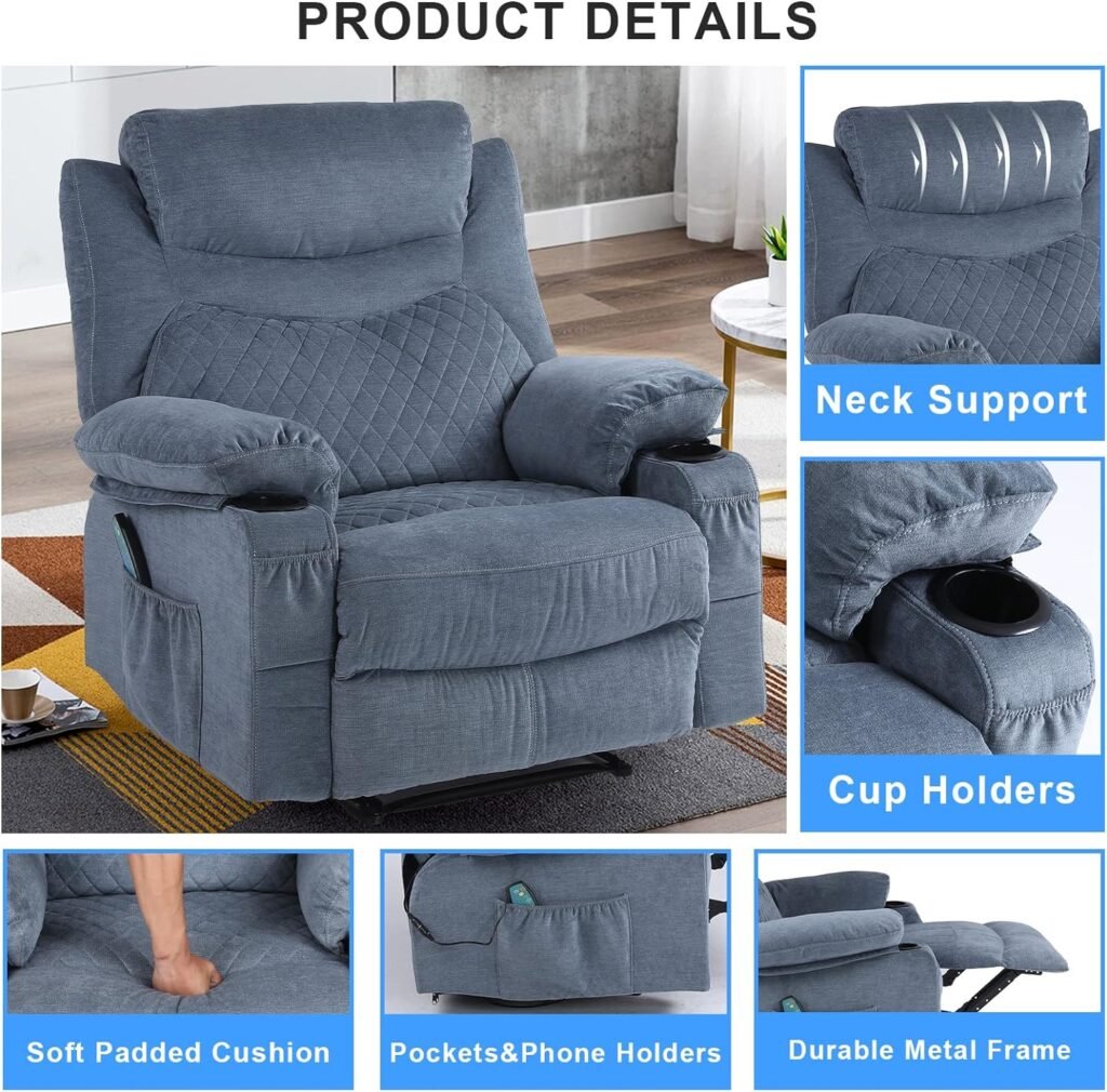 Kasorix Overstuffed Massage Recliner Chairs with Heat, Fabric Manual Reclining Chair with Cup Holders, Home Theater Seating Single Recliner Sofa (Blue), Medium(300lbs)