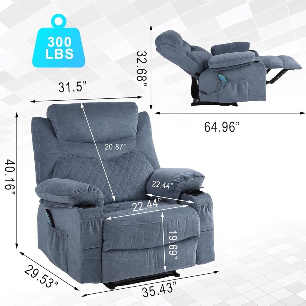 Kasorix Overstuffed Massage Recliner Chairs with Heat, Fabric Manual Reclining Chair with Cup Holders, Home Theater Seating Single Recliner Sofa (Blue), Medium(300lbs)