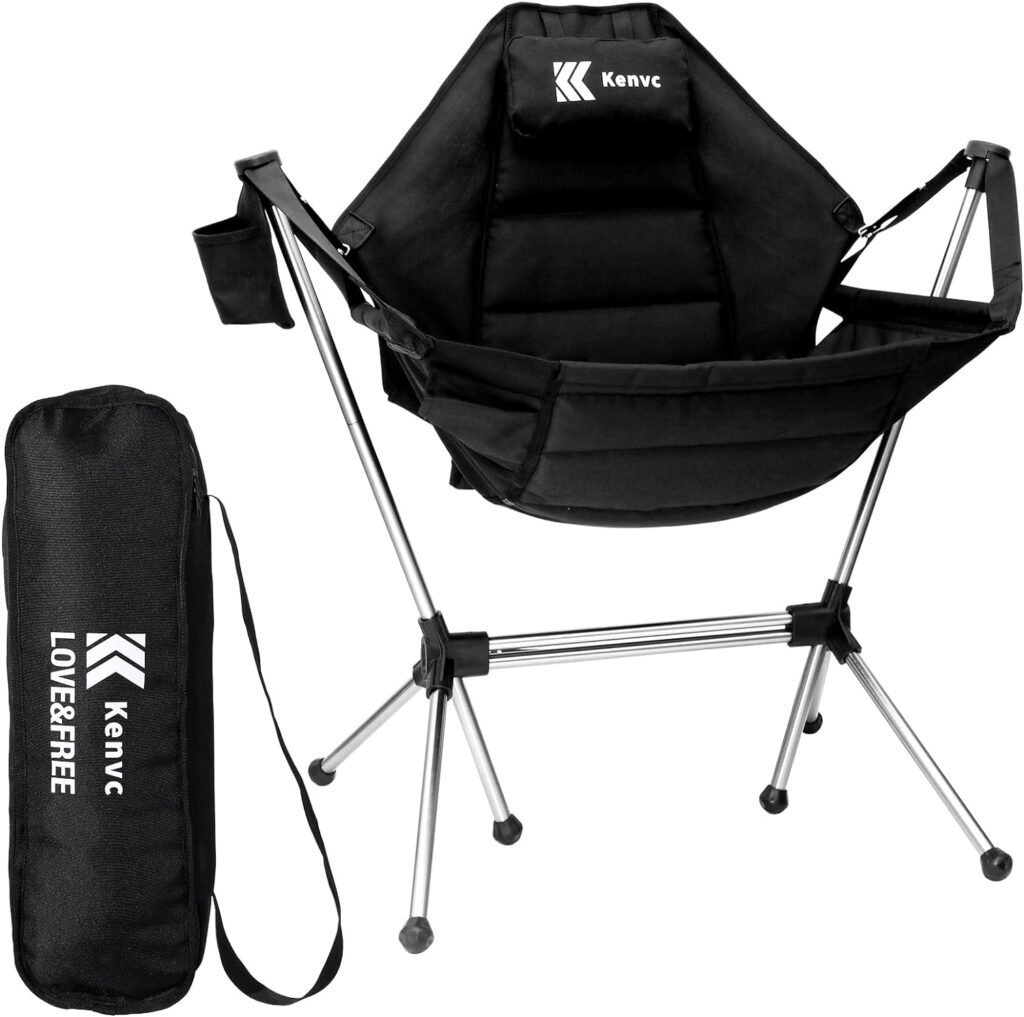 Kenvc Camping Chairs,Hammock Chair For Outdoor,Portable Folding Chair,Foldable Rocker Camping Chair,Swinging Rocking Chair For Quick Installation,Black Rocker Camping Chair For Outdoor, Camping, Patio