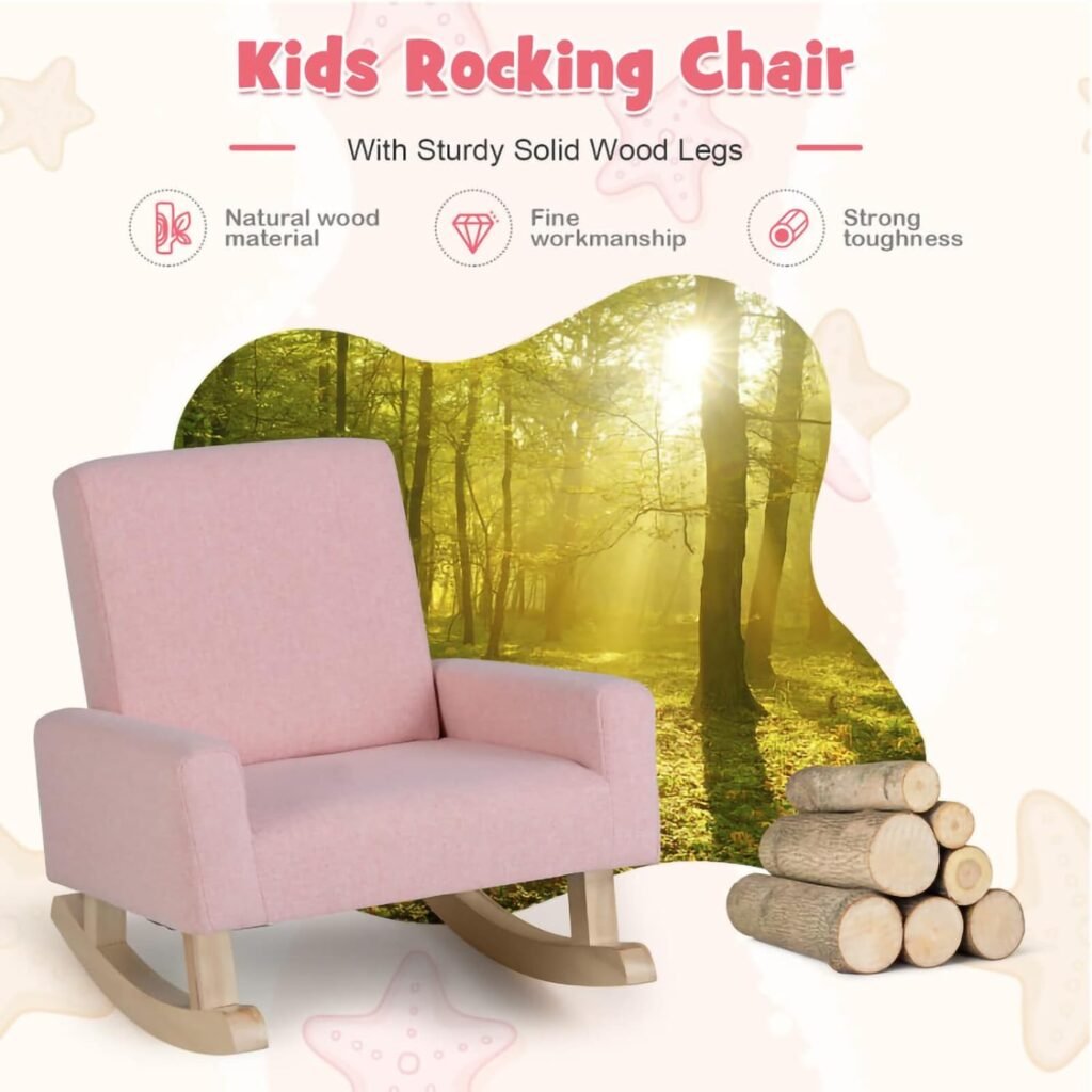 Kids Rocking Chair with Solid Wooden Frame, Anti-Tipping Design, Plush Fabric, Armchair for Nursery Kindergarten Playroom Preschool, Gift for Boys Girls (Pink)