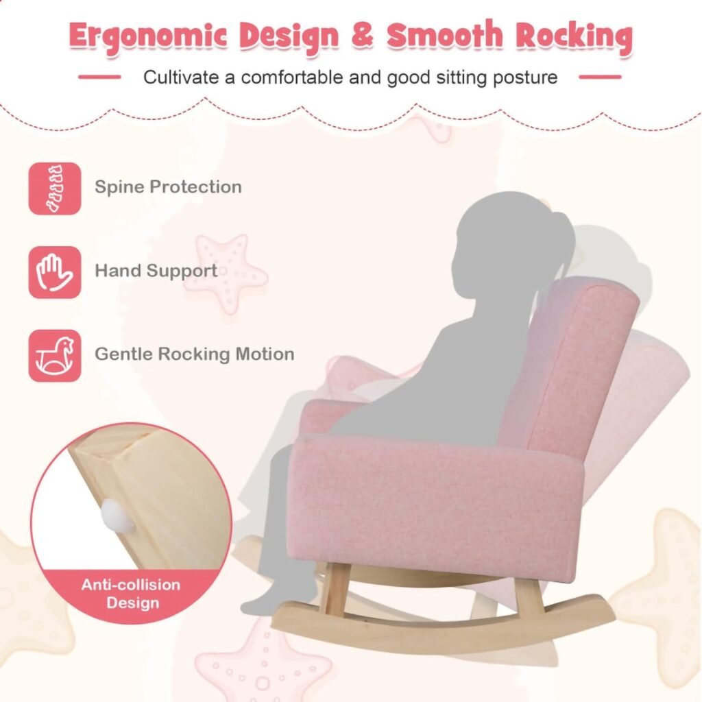 Kids Rocking Chair with Solid Wooden Frame, Anti-Tipping Design, Plush Fabric, Armchair for Nursery Kindergarten Playroom Preschool, Gift for Boys Girls (Pink)