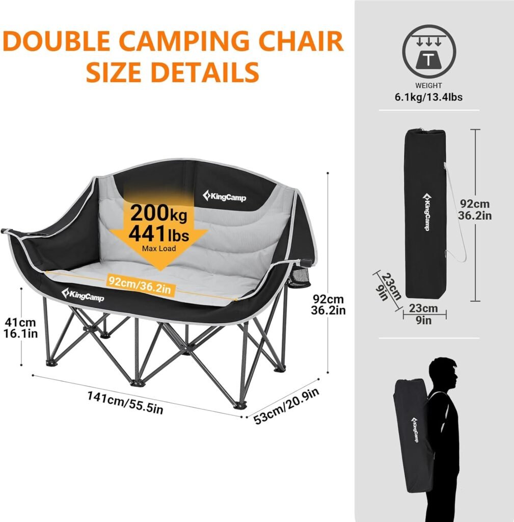 KingCamp Double Camping Chair Loveseat Heavy Duty for Adults Two Person Outdoor Folding Chairs with Cup Holder Wine Glass Holder Support 441lbs for Outside Picnic Beach Travel(Black)