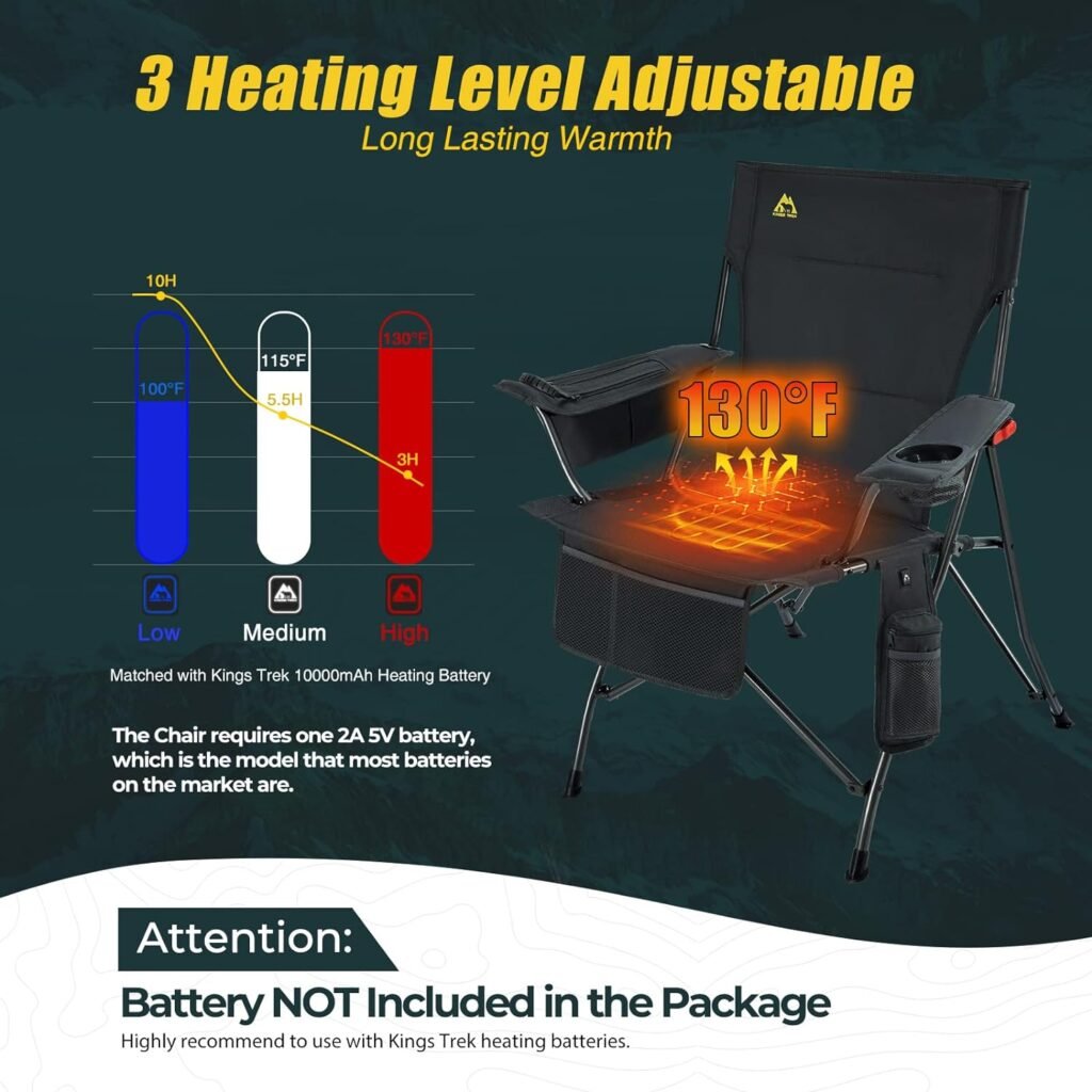 KINGS TREK Camping Chair Heated Foldable, Lightweight for Adult with Cooler, USB Heating Chair for Outdoor, Camping, Hiking, Sports(5V 2A Battery Pack Required)