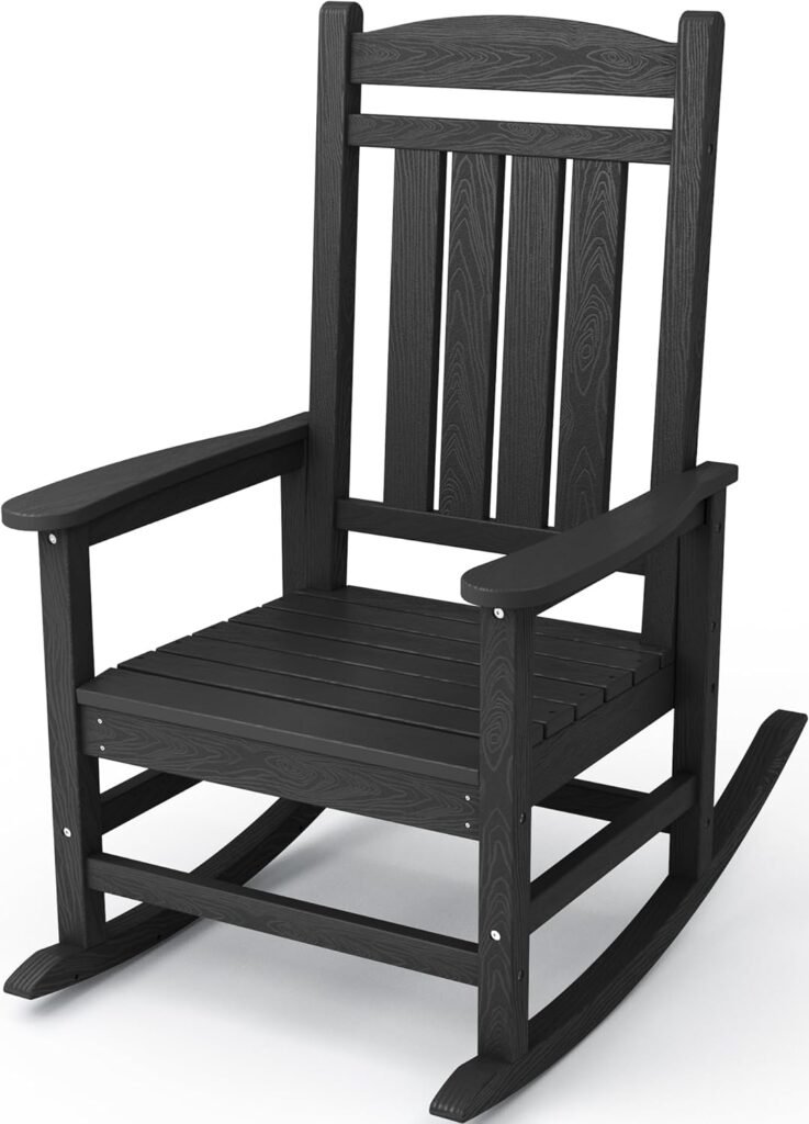 KINGYES Outdoor Rocking Chairs, Weather Resistant Patio Rocking Chairs Oversized High Back Porch Rocker for Adult, Black