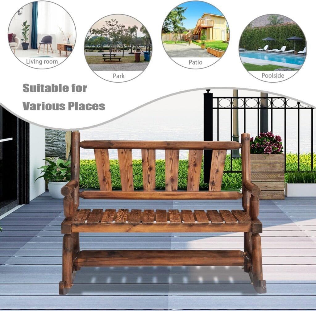 Kinsuite Wood 2-Seat Rocker Bench - Rocking Chair Rustic Armrest Swinging Chair, Outdoor 2 Persons Patio Rocking Chair for Porch Garden Backyard