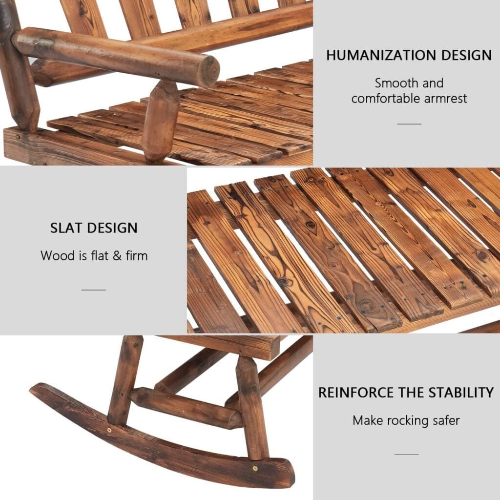 Kinsuite Wood 2-Seat Rocker Bench - Rocking Chair Rustic Armrest Swinging Chair, Outdoor 2 Persons Patio Rocking Chair for Porch Garden Backyard