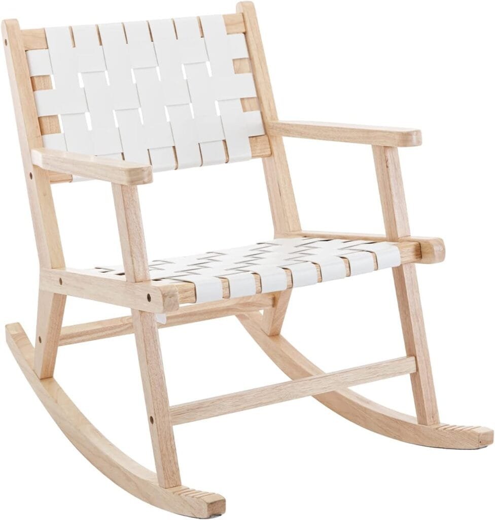 Kmax Rocking Chair Faux Leather Woven Straps Glider Chair for Baby Nursery Bedroom Living Room, White