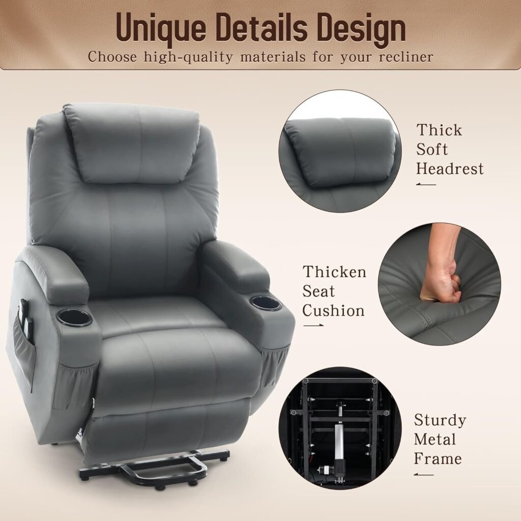 Korser Power Lift Recliner Chair for Elderly and Adults, Electric Recliner with Massage and Heating, Reclining Chair with Remote Control and Cup Holder, Faux Leather Reclining Sofa Chair