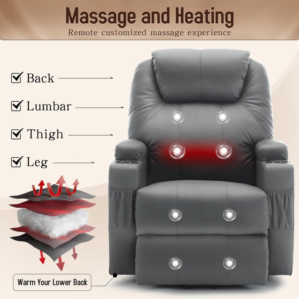 Korser Power Lift Recliner Chair for Elderly and Adults, Electric Recliner with Massage and Heating, Reclining Chair with Remote Control and Cup Holder, Faux Leather Reclining Sofa Chair