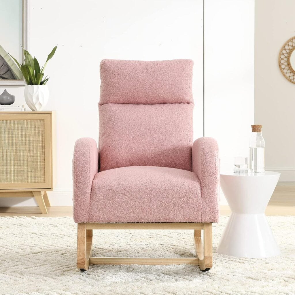 Krinana Nursery Rocking Chair with Solid Wood Legs, Glider Chair for Nursery with Two Side Pockets, Rocker Armchair for Living Room Bedroom (Beige, Linen Fabric)