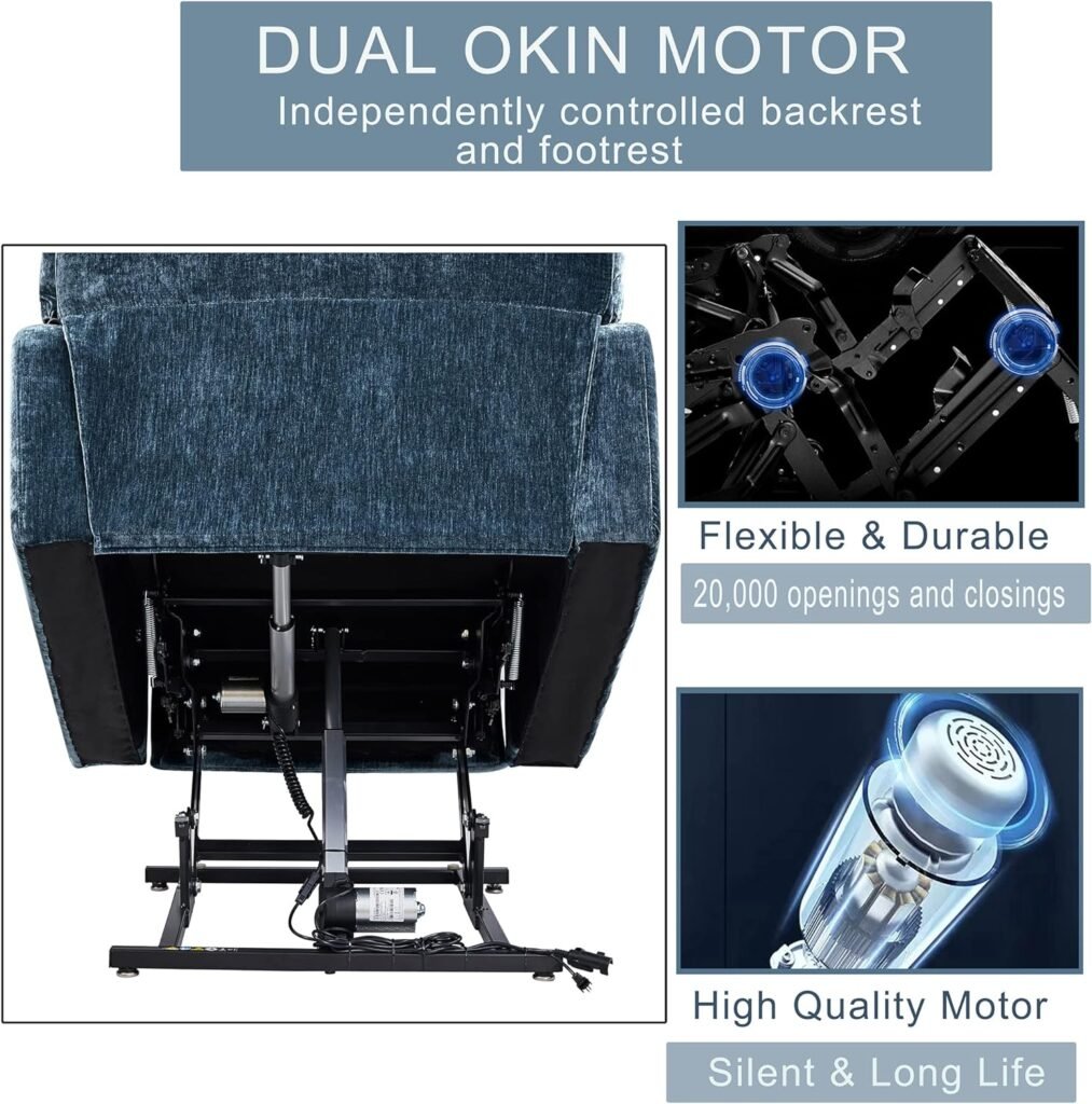 KUNPEZY Dual OKIN Motors Electric Lift Recliner Chair for Eldely with Heat and Massage, Power Flat Sofa Chair, Rclining to 180 Degree (Blue)