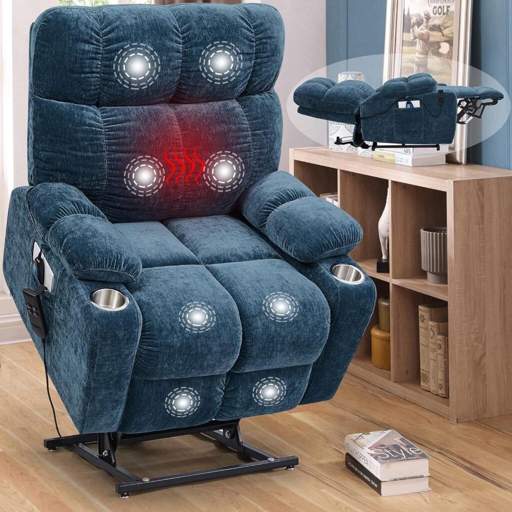 KUNPEZY Dual OKIN Motors Electric Lift Recliner Chair for Eldely with Heat and Massage, Power Flat Sofa Chair, Rclining to 180 Degree (Blue)