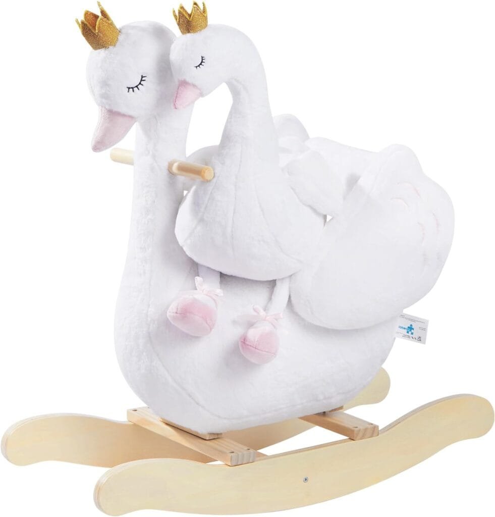 labebe - Plush Rocking Horse Wooden, Baby Riding Animal White Swan, Kid Ride On Toy for 1-3 Year Old, GirlBoy Stuffed Rocking Animal Outdoor, Nursery/Infant/Child Christmas or Birthday Gift