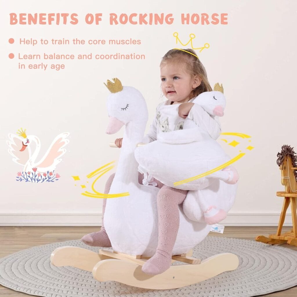 labebe - Plush Rocking Horse Wooden, Baby Riding Animal White Swan, Kid Ride On Toy for 1-3 Year Old, GirlBoy Stuffed Rocking Animal Outdoor, Nursery/Infant/Child Christmas or Birthday Gift