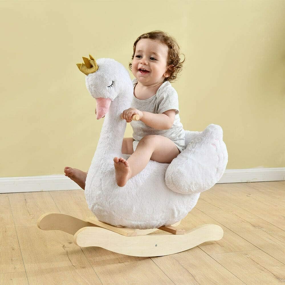 labebe - Plush Rocking Horse Wooden, Baby Riding Animal White Swan, Kid Ride On Toy for 1-3 Year Old, GirlBoy Stuffed Rocking Animal Outdoor, Nursery/Infant/Child Christmas or Birthday Gift